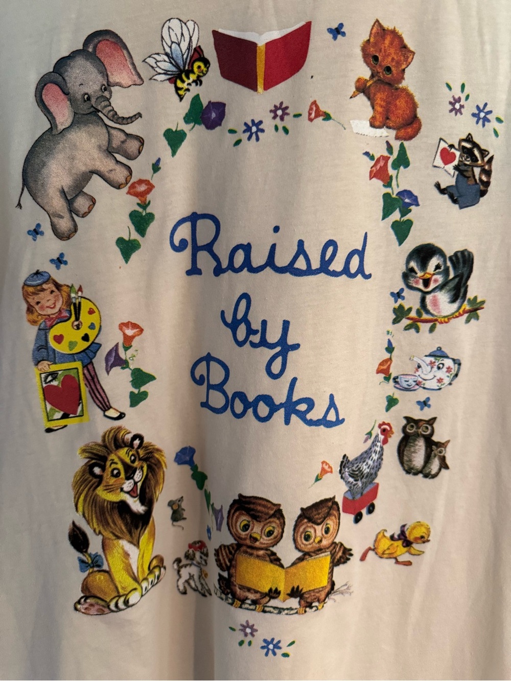 Teacher Librarian Raised by Books Cream Graphic Tee sz Medium